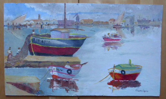 VECCHIO QUADRO AD OLIO SU TAVOLA MARINA BARCHE FIRMATO SEGURA SPAGNA '900 MD4 - Belbello Antiques