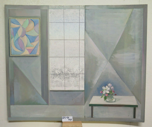 67x56 cm VINTAGE PAINTING METAPHYSICAL INTERIOR PAINTING MIXED TECHNIQUE 70'S P27