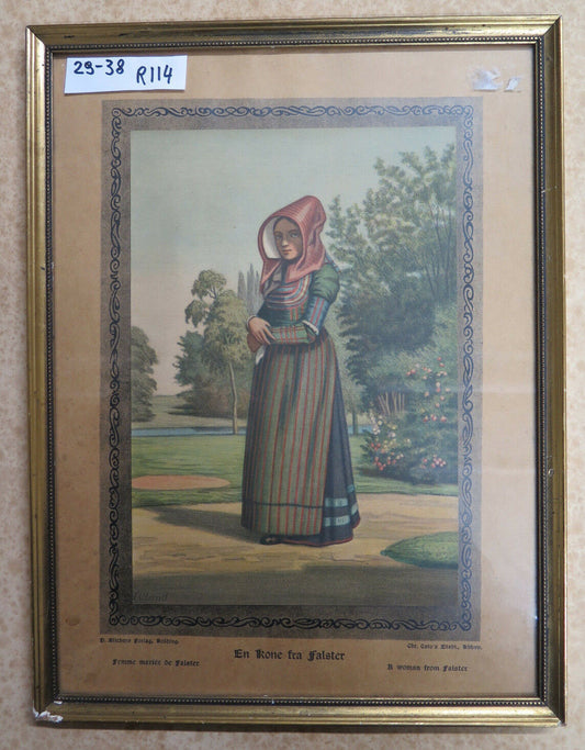 ANTICA STAMPA A COLORI DONNA IN ABITI DI FALSTER DANIMARCA DENMARK 1900 R114