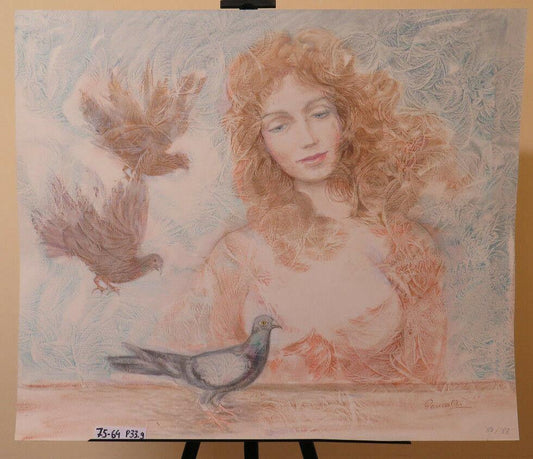 QUADRO DIPINTO A TECNICA MISTA POP ART VOLTO FEMMINILE ONIRICO METAFISICO P33.9 - Belbello Antiques