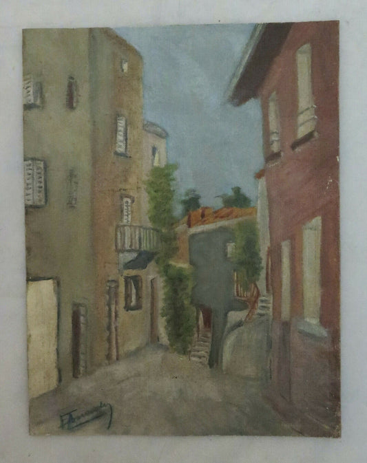 VIEW OF AN OLD VILLAGE OIL PAINTING ON PAINTING SIGNED VINTAGE PAINTING BM40 