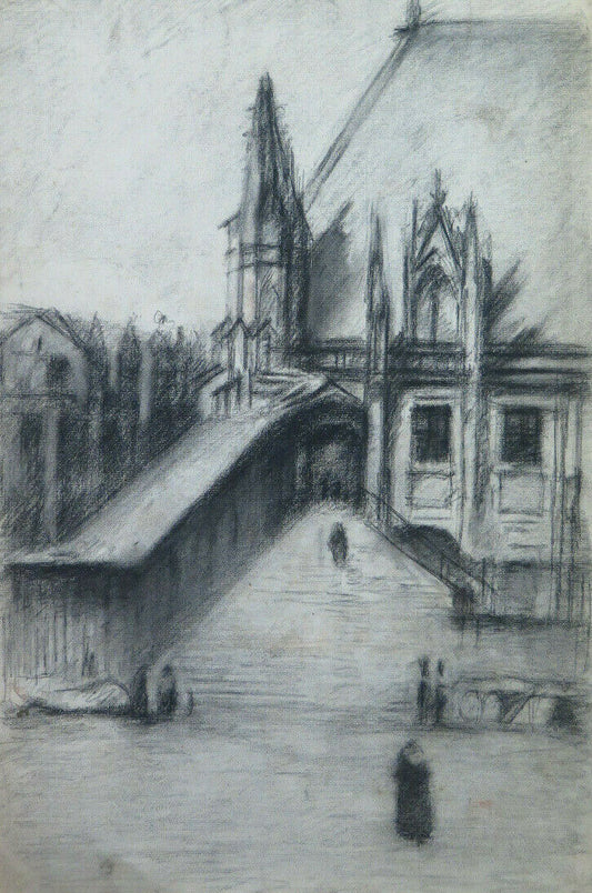 VIEW OF GOTHIC CATHEDRAL ANCIENT DRAWING WORK Pierre Eugène Duteurtre DUT BM53.1 