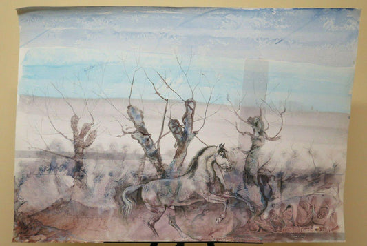 100x70 cm QUADRO VINTAGE EQUESTRE CAVALLO DIPINTO TECNICA MISTA FIRMATO P32 - Belbello Antiques