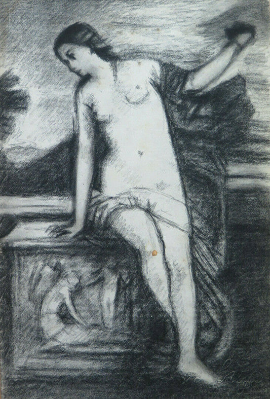 LARGE FEMALE NUDE ANTIQUE PAINTING DRAWING BY ARTIST Pierre Duteurtre DUT BM53.1 