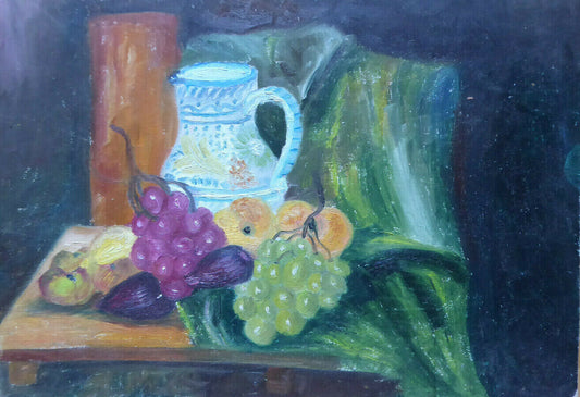 NATURA MORTA DIPINTA AD OLIO VECCHIO QUADRO DIPINTO SU TAVOLA SPAGNA '900 MD1