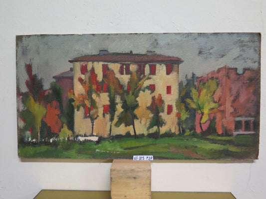 VINTAGE MODERN PAINTING OIL ON TABLE COUNTRY VIEW CERTIFICATE P27