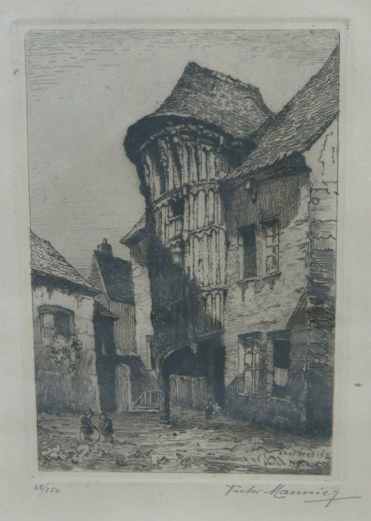 STAMPA ANTICA ACQUAFORTE VEDUTA DI CHARTRES FRANCIA Victor Maunier 1931 BM41