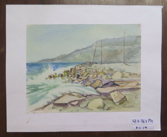 DIPINTO VINTAGE AD ACQUERELLO FIRMATO PANCALDI PAESAGGIO DI MARE MARINA P31
