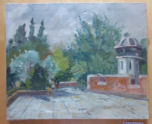OLD PAINTING VIEW OF THE RETIRO PARK OF MADRID OIL PAINTING ON CANVAS 1900s MD7