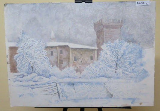 QUADRO VINTAGE DIPINTO AD ACQUERELLO PAESAGGIO INVERNALE A PIUMAZZO MODENA P31