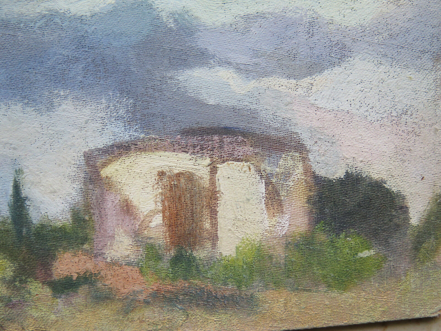 52x40 cm QUADRO AD OLIO DIPINTO SU TAVOLA PAESAGGIO CIELO NUVOLE TEMPORALE P21