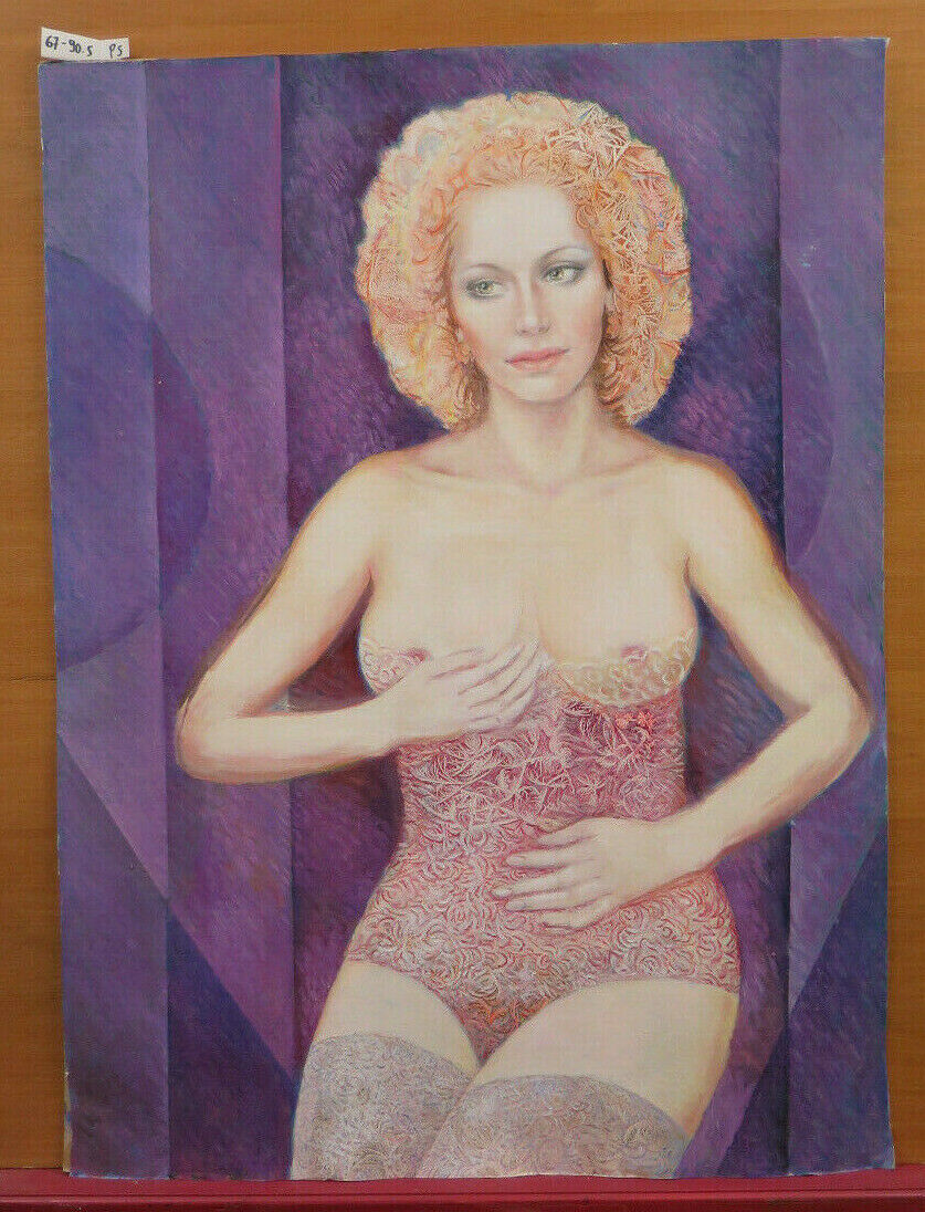 QUADRO AD ACQUERELLO CONGELATO RITRATTO NUDO FEMMINILE RITRATTO VINTAGE PS