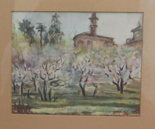VIEW OF CASTAGNITO D'ALBA LANGHE SIGNED PAINTING PAINTED IN WATERCOLOR BM38 