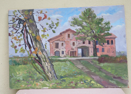 QUADRO ANTICO OLIO PAESAGGIO DI CAMPAGNA ALBERI E CASCINE DIPINTO SU TAVOLA