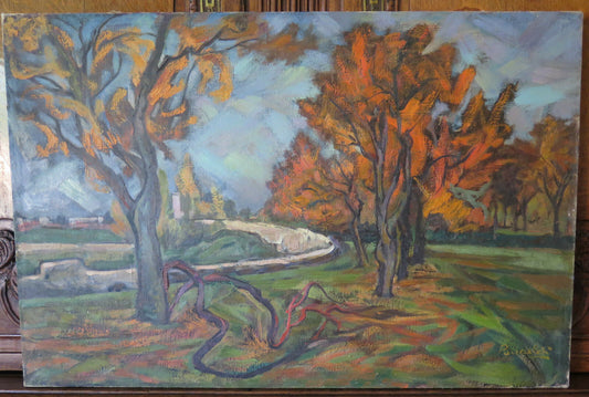 AUTUMN LANDSCAPE ANTIQUE OIL PAINTING ON CANVAS SIGNED ORIGINAL p8