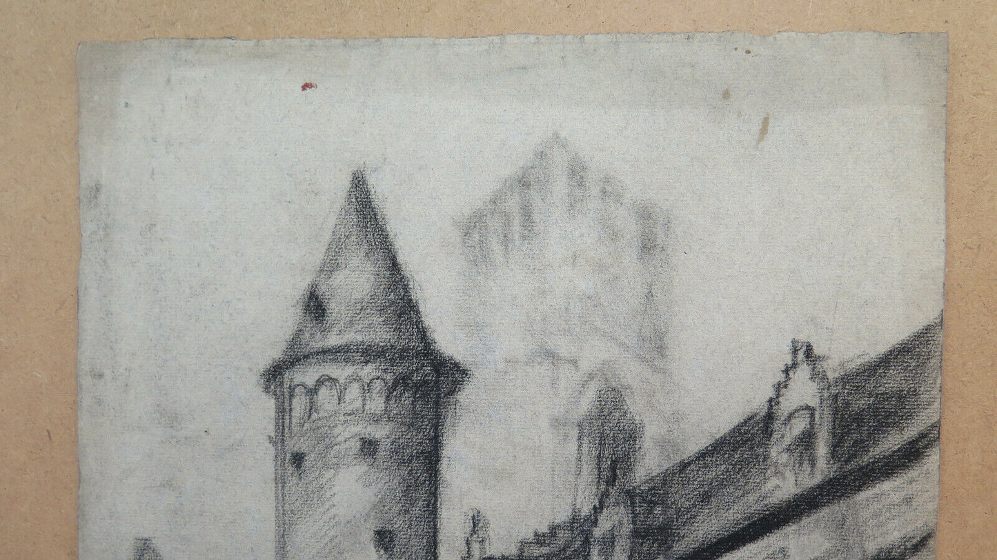 ANTIQUE PAINTING CITY VIEW FRANCE PENCIL Pierre Eugène Duteurtre DUT BM53.1
