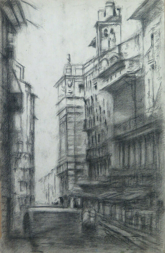 LARGE ANTIQUE DRAWING CITY VIEW WORK Pierre Eugène Duteurtre DUT BM53.1 