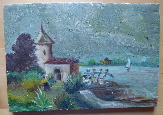 ANONYMOUS SPANISH 1900'S LAKE LANDSCAPE SMALL VINTAGE OIL PAINTING MD6 