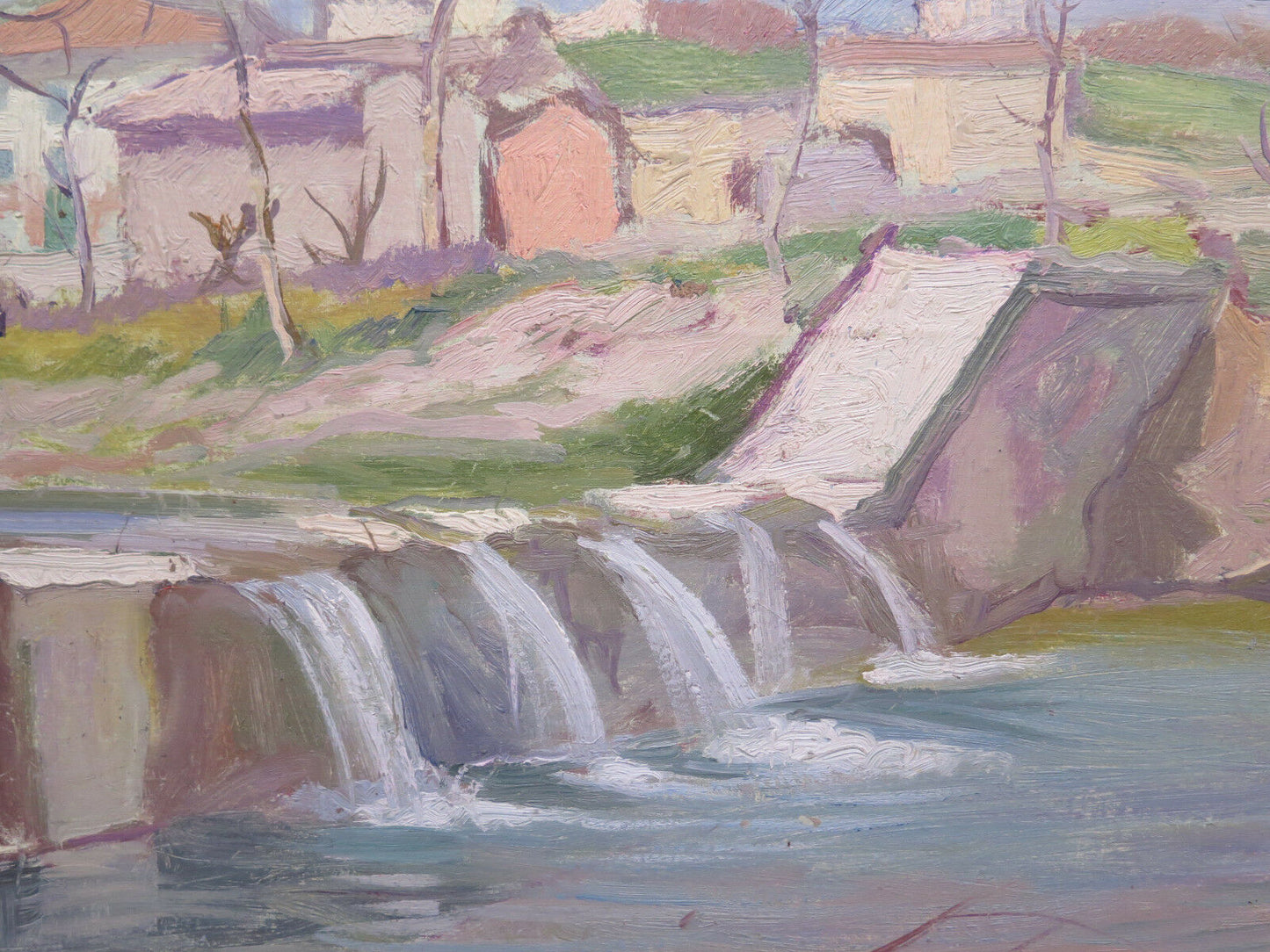 ANTIQUE OIL PAINTING ON TABLE LANDSCAPE COUNTRYSIDE VIEW SIGNED p2