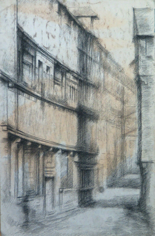 ANTIQUE PAINTING ON PAPER VIEW OF A TOWN OF FRANCE 1900s Pierre Duteurtre DUT BM53.1 