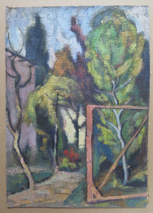 ANTICO DIPINTO ANNI CINQUANTA QUADRO AD OLIO VEDUTA CAMPAGNA CAMPO DI CALCIO p3