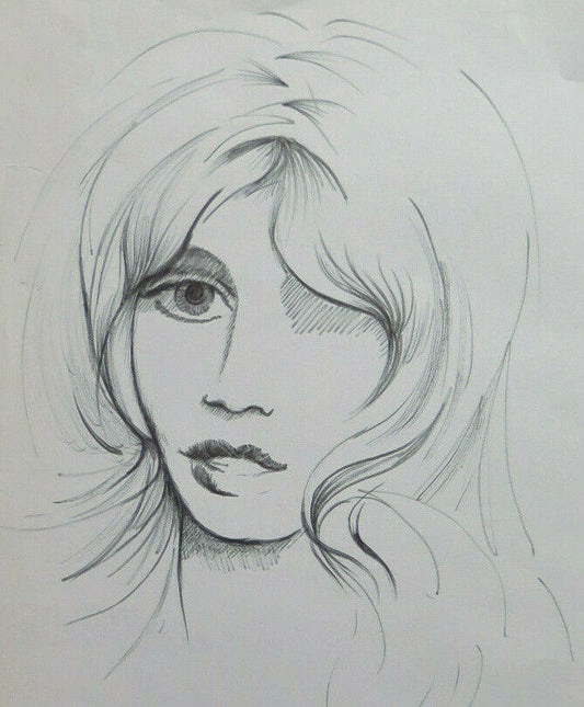 DRAWING SKETCH PORTRAIT OF A FEMALE WOMAN VINTAGE 60'S 70'S G. PANCALDI P28.8