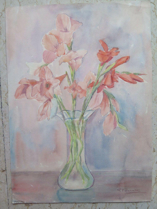 33x47cm QUADRO FIRMATO VINTAGE FLOREALE OPERA D'ARTE DEL PITTORE G. PANCALDI P14 - Belbello Antiques