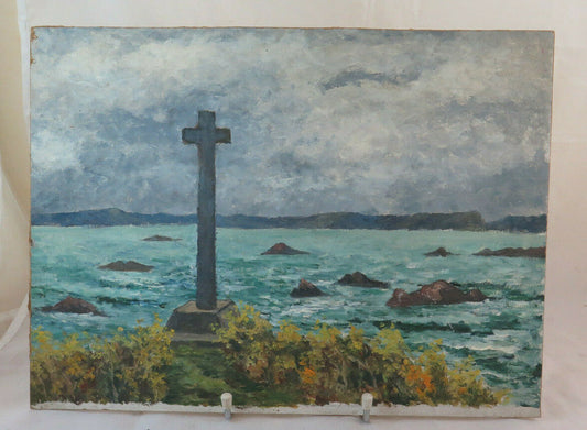 QUADRO ANTICO PAESAGGIO MARE MARINA CROCE STILE IMPRESSIONISTA OLIO TAVOLA BM44