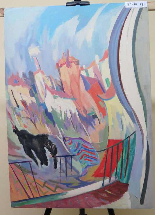 QUADRO VINTAGE DIPINTO AD OLIO ANNI SESSANTA PAESAGGIO DISTORTO LISERGICO P31