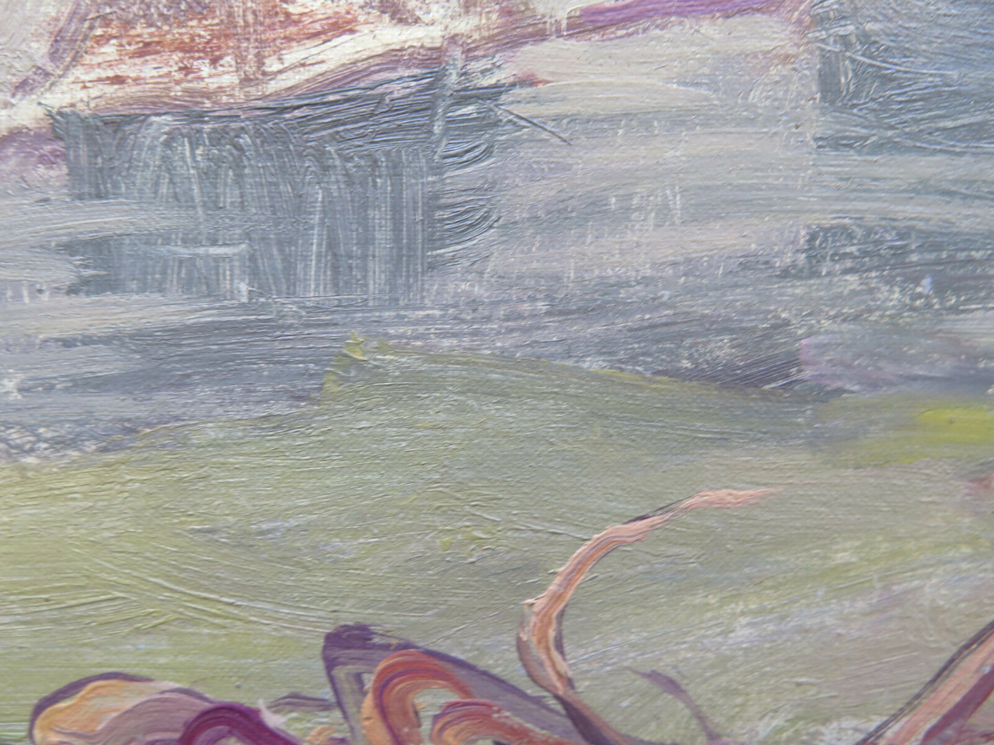 ANTIQUE OIL PAINTING ON TABLE LANDSCAPE COUNTRYSIDE VIEW SIGNED p2