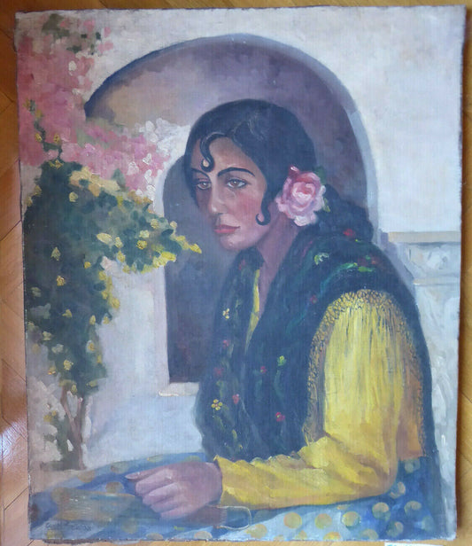 PORTRAIT OF A GYPSY WOMAN SIGNED OLD OIL PAINTING SPAIN 1900s MD8 