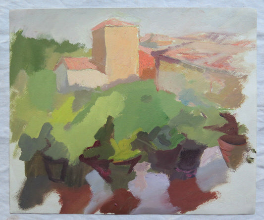 ANTIQUE WATERCOLOR PAINTING ORIGINAL LANDSCAPE 1950s 50s p9