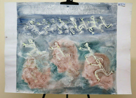 101x71 cm DIPINTO VINTAGE TECNICA MISTA AUTOMOBILI TRAFFICO CAOS STRESS SMOG P32 - Belbello Antiques