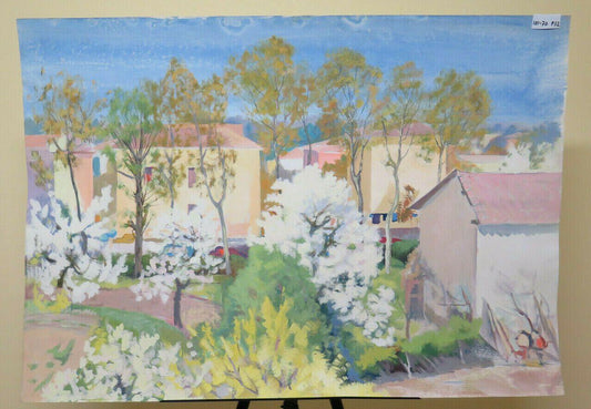 101x70 cm QUADRO VINTAGE DIPINTO AD ACQUERELLO PAESAGGIO VEDUTA DI PAESE P32 - Belbello Antiques
