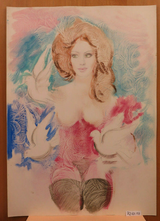 RITRATTO FEMMINILE CON SENO NUDO E PICCIONI QUADRO DIPINTO VINTAGE ANNI '80 P35