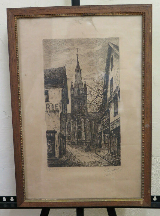 STAMPA ANTICA INCISIONE FIRMATA VEDUTA CITTADINA FRANCIA INIZIO SECOLO BM52