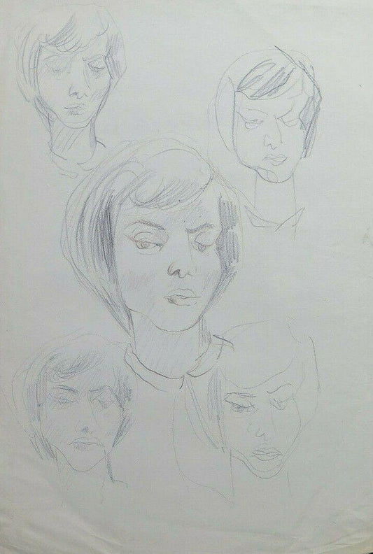 VECCHIO BOZZETTO DISEGNO MATITA SU CARTA CON STUDIO PER VOLTI UMANI DONNA P28.8 - Belbello Antiques