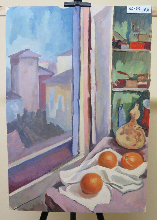 QUADRO VINTAGE DIPINTO OLIO SU CARTONCINO INTERNO CON OGGETTI E PAESAGGIO P31