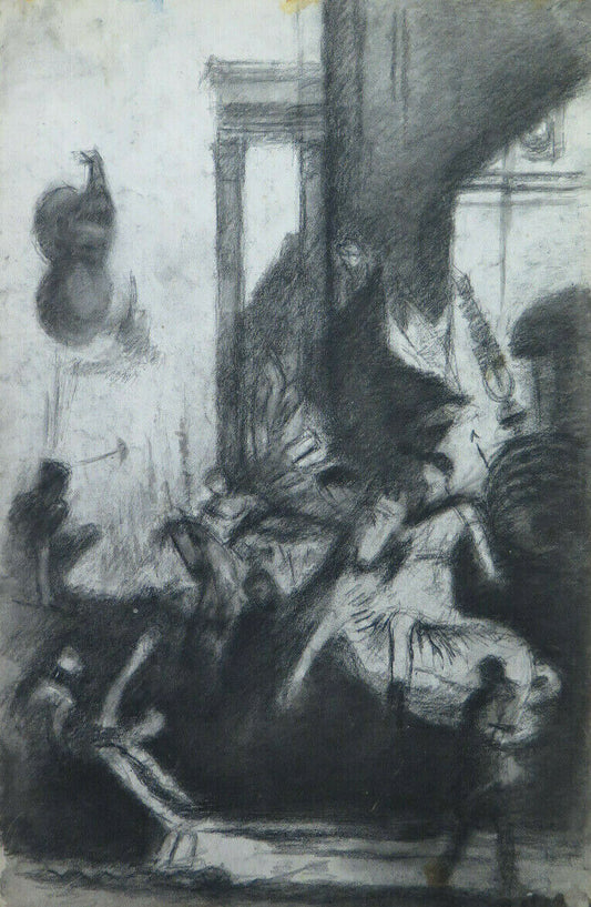 LARGE ANTIQUE DRAWING WITH FIGURES ON HORSE ARTIST Pierre Duteurtre DUT BM53.1 