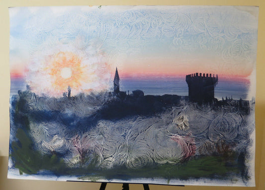 DIPINTO MODERNO A TECNICA MISTA PAESAGGIO TRAMONTO IN STILE POP ANNI 80  P33.1