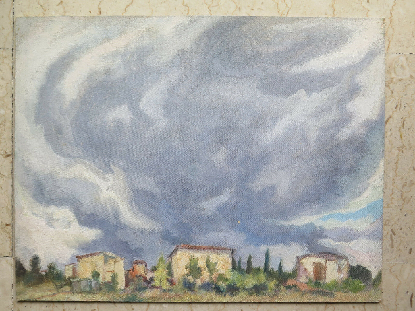52x40 cm QUADRO AD OLIO DIPINTO SU TAVOLA PAESAGGIO CIELO NUVOLE TEMPORALE P21