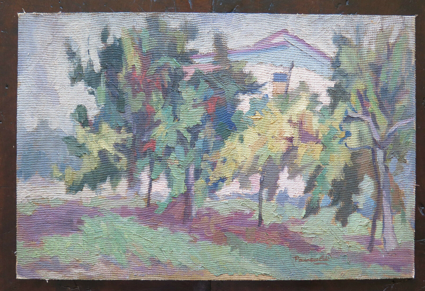 ANTICO DIPINTO AD OLIO SU TAVOLA QUADRO PAESAGGIO DI CAMPAGNA IN ESTATE p16