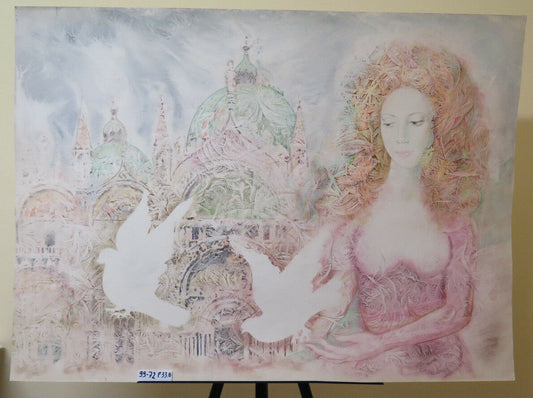 ABSTRACT SYMBOLIST VINTAGE PAINTING WITH FEMALE NUDE ON VENICE BACKGROUND P33.8