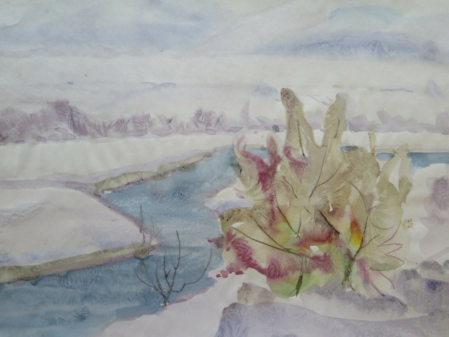 OLD PAINTING DREAMY WINTER LANDSCAPE PAINTING WATERCOLOR PAPER 42x34 cm P14