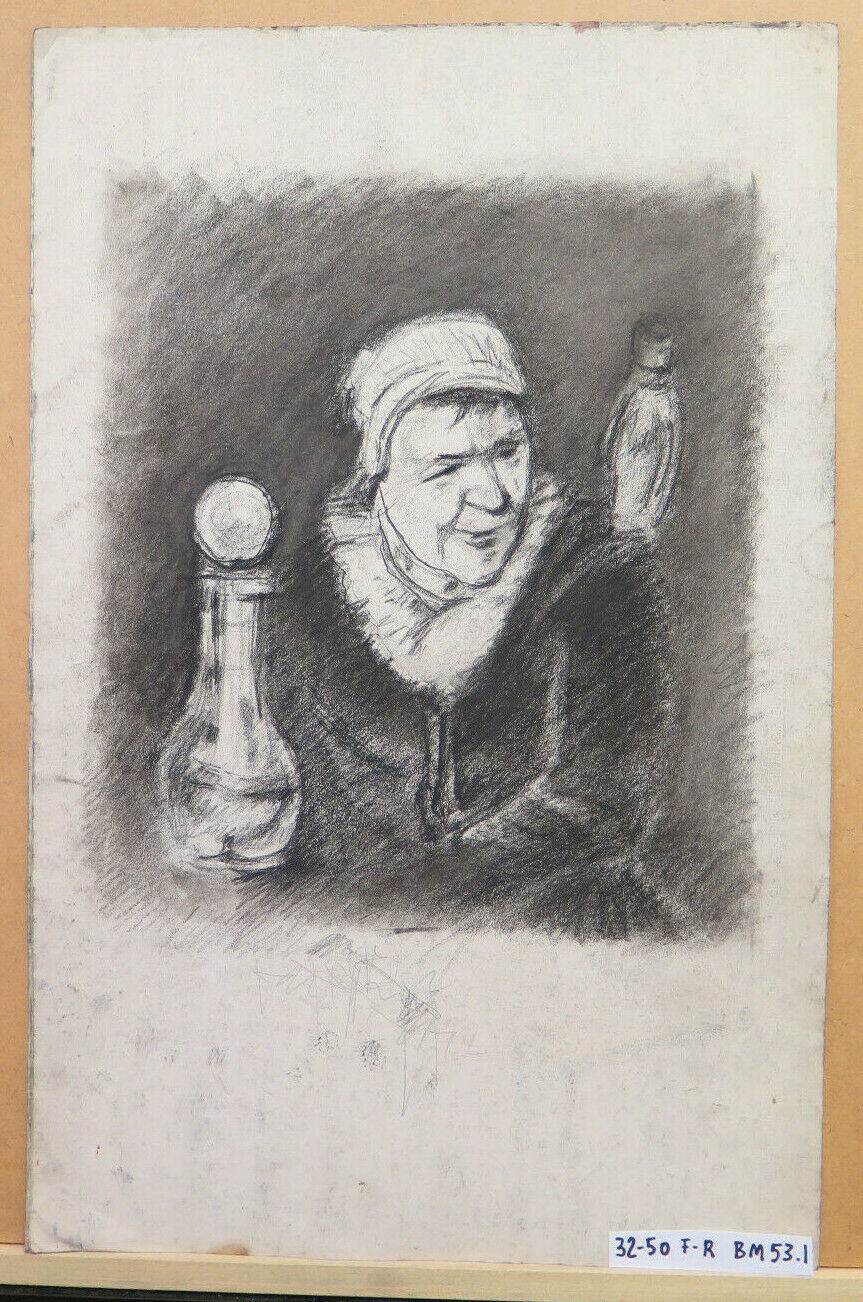 ANTIQUE DRAWING PORTRAIT OF AN ELDERLY LADY LANDSCAPE Pierre Duteurtre DUT BM53.1 