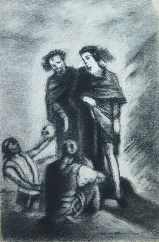 ANTIQUE CHARCOAL PAINTING ON PAPER HAMLET ART Pierre Duteurtre known as DUT BM53.1