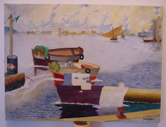 BOATS MOORED AT THE PORT PAINTING SIGNED FROM THE 1900'S SPAIN PAINTING MD9 