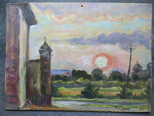 ANTIQUE OIL PAINTING ON TABLE LANDSCAPE VIEW OF VILLAGE SUNSET SIGNED p1