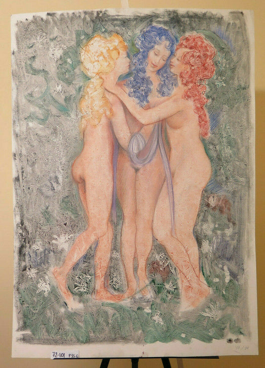 72x101 cm VINTAGE PAINTING PAINTED WITH NUDE FROST TECHNIQUE THREE GRACES P33.4