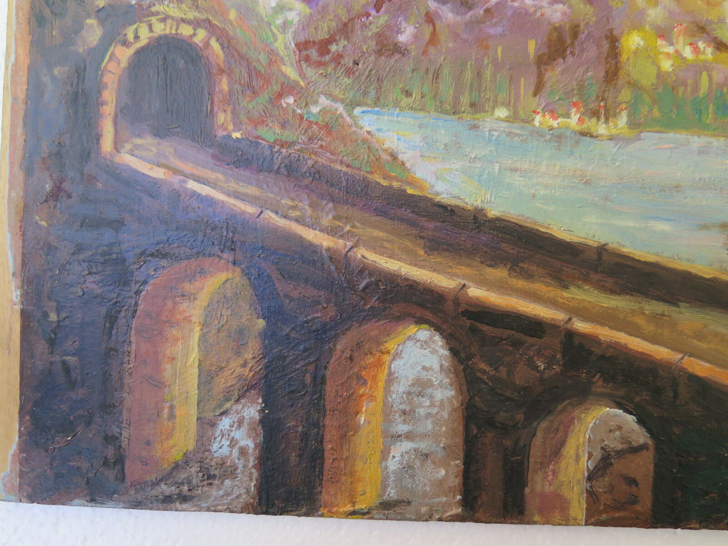 ANTIQUE OIL PAINTING ON TABLE LANDSCAPE ALPS ALPINE MOUNTAINS SIGNED p2